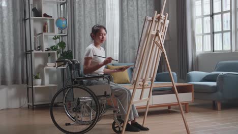 mujer en silla de ruedas pintando en casa