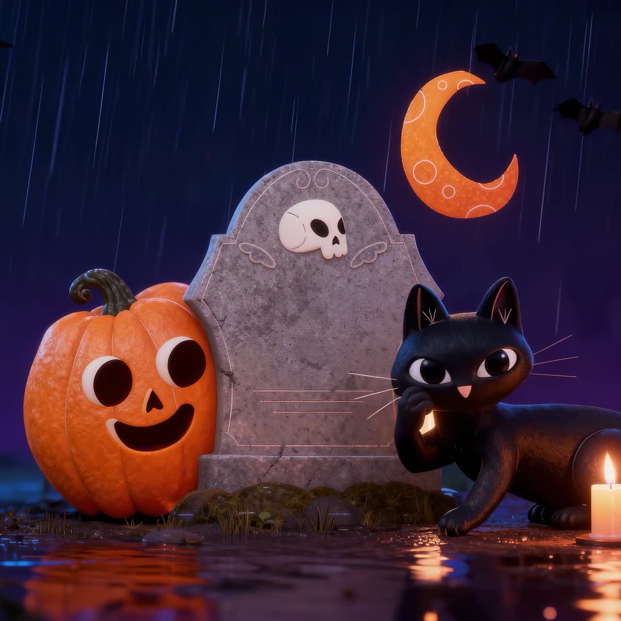 Halloween Cartoon Scene with Cat, Pumpkin and Tombstone