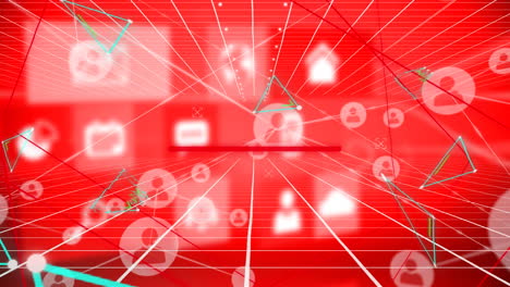 animación de triángulos e iconos de redes sociales sobre un fondo rojo