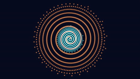 symmetrical spiral blue and orange dots dance in harmonious pattern