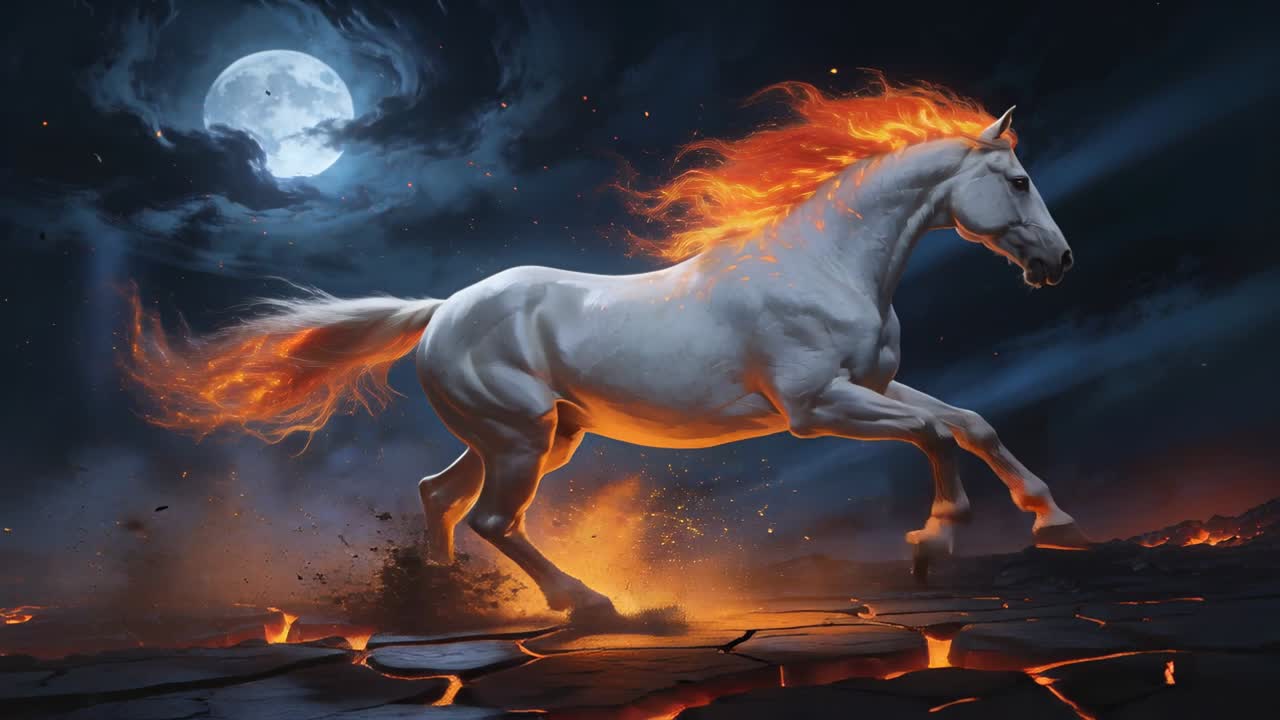 Emerging from moonlight, white-gray horse galloping across lava plain, kicking up embers and sparks