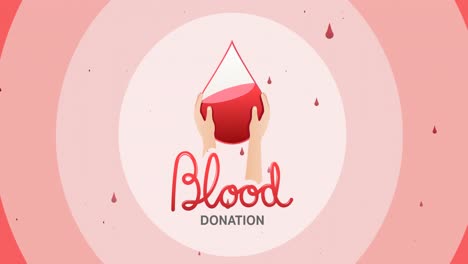 animation of blood donation text with hands and droplet logo, and drops of blood over pink circles