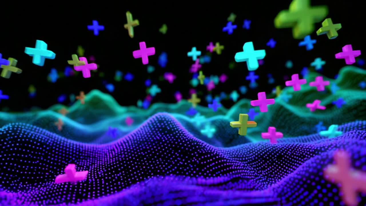 An abstract visual representation of vibrant and dynamic waves in a dark environment, with colorful plus signs floating above the surface, highlighting a unique digital landscape that conveys depth and movement
