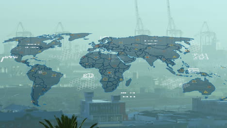 animación del procesamiento de datos sobre el mapa del mundo contra la vista aérea del paisaje urbano.