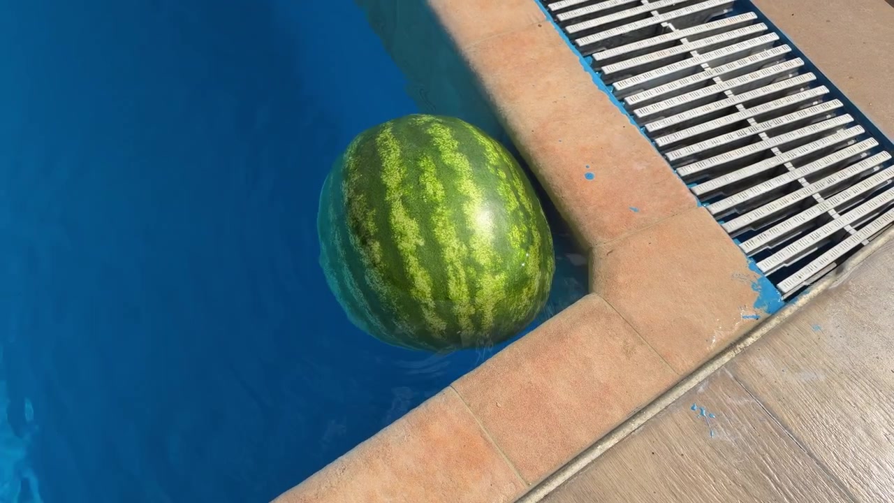 Un'anguria intera a strisce galleggia contro il bordo di una piscina blu, mentre leggere increspature si muovono intorno al frutto, accanto al bordo color sabbia e a una griglia di scarico argentata
