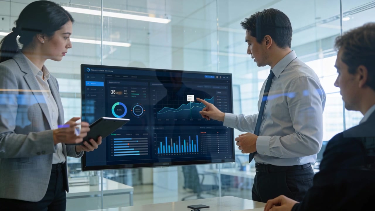 Pointing presenter in tie reviewing dashboard on meeting TV while colleague noting tablet