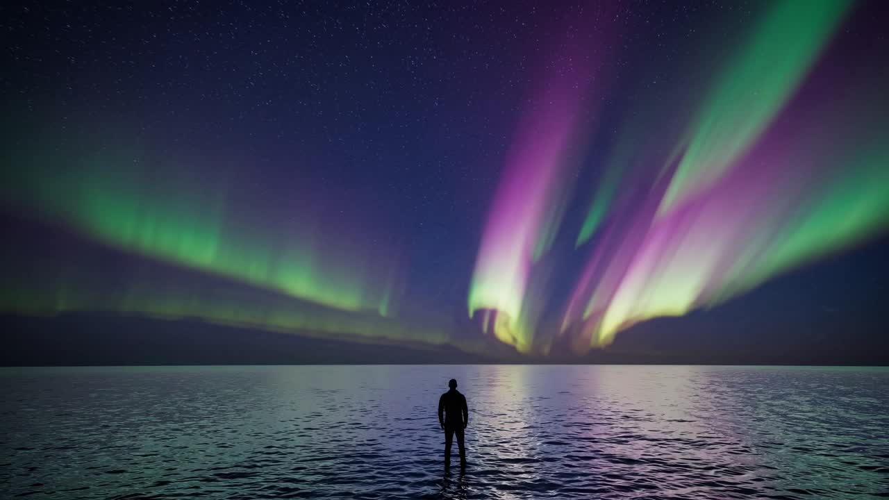 Individual standing in tranquil water, gazing at vibrant auroras illuminating the night sky, showcasing the mesmerizing dance of colors and reflections in a serene atmosphere