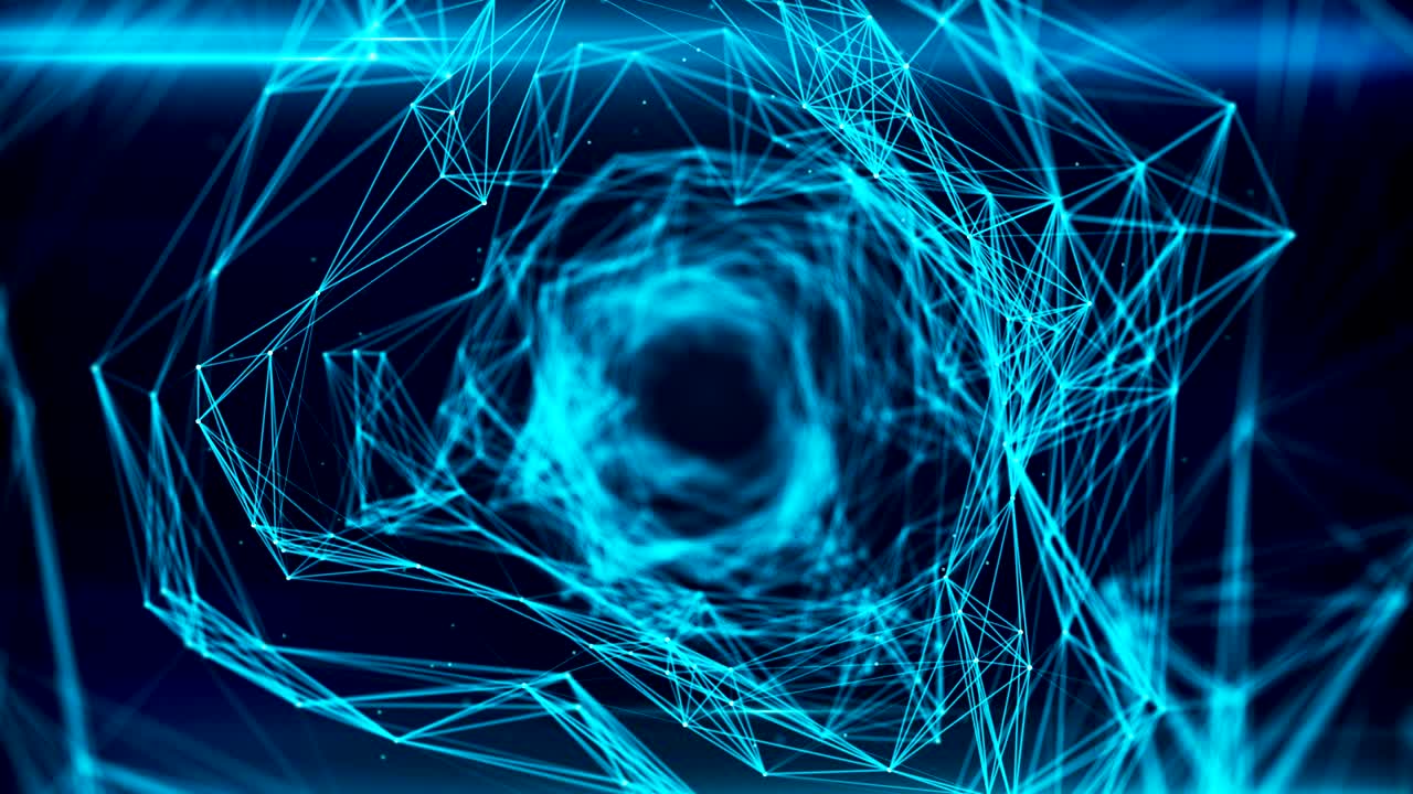 vuelo sin problemas a través de un túnel de datos digitales formado por nodos digitales y rutas de conexión