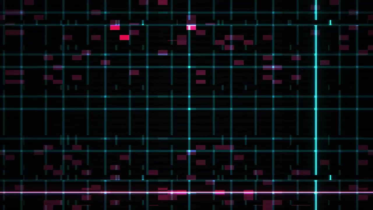 Griglia digitale astratta con motivi luminosi rosa e ciano pulsanti