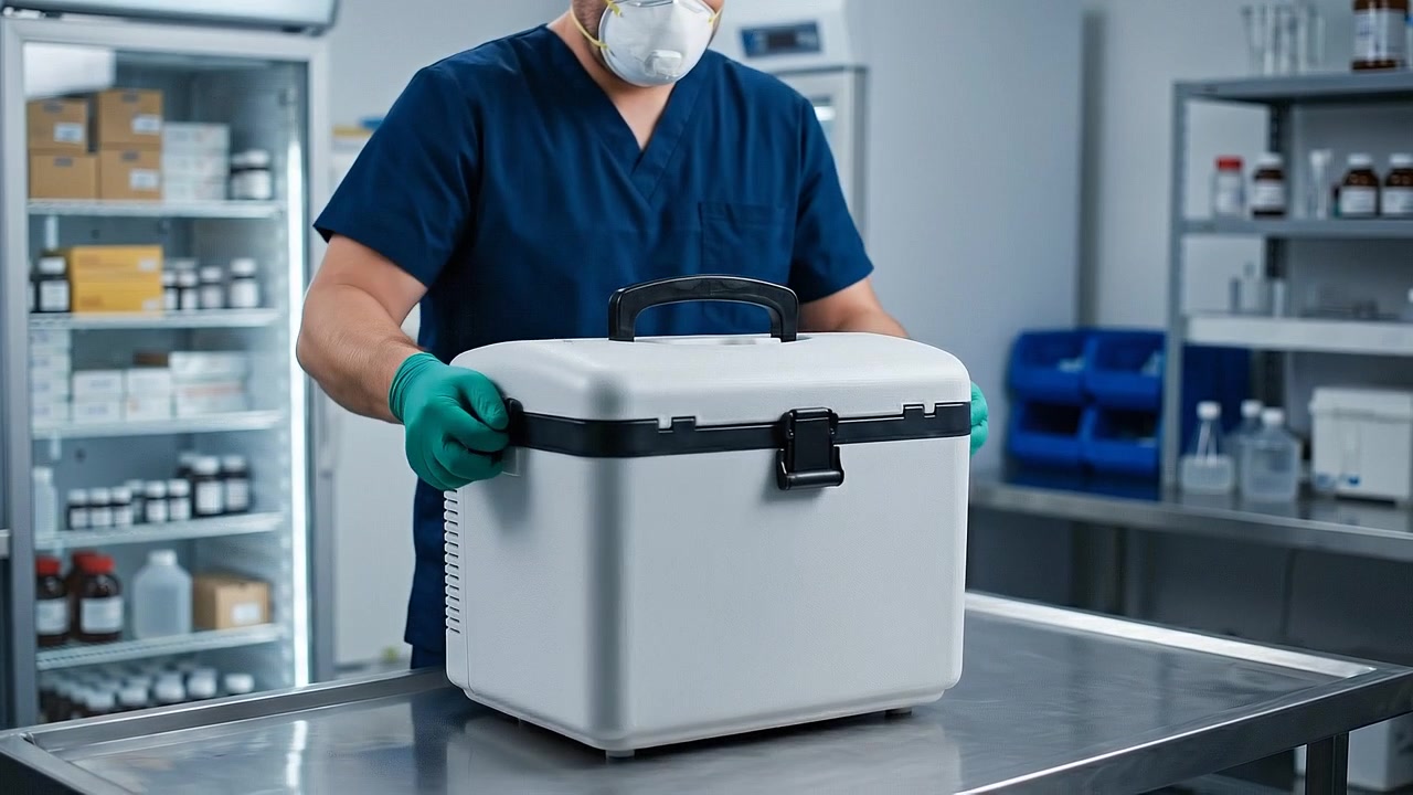 Professionista di laboratorio medico in camice che ripone un contenitore di vaccino nel congelatore