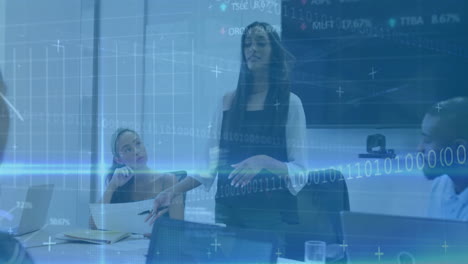 animation of financial data processing over diverse business people in office