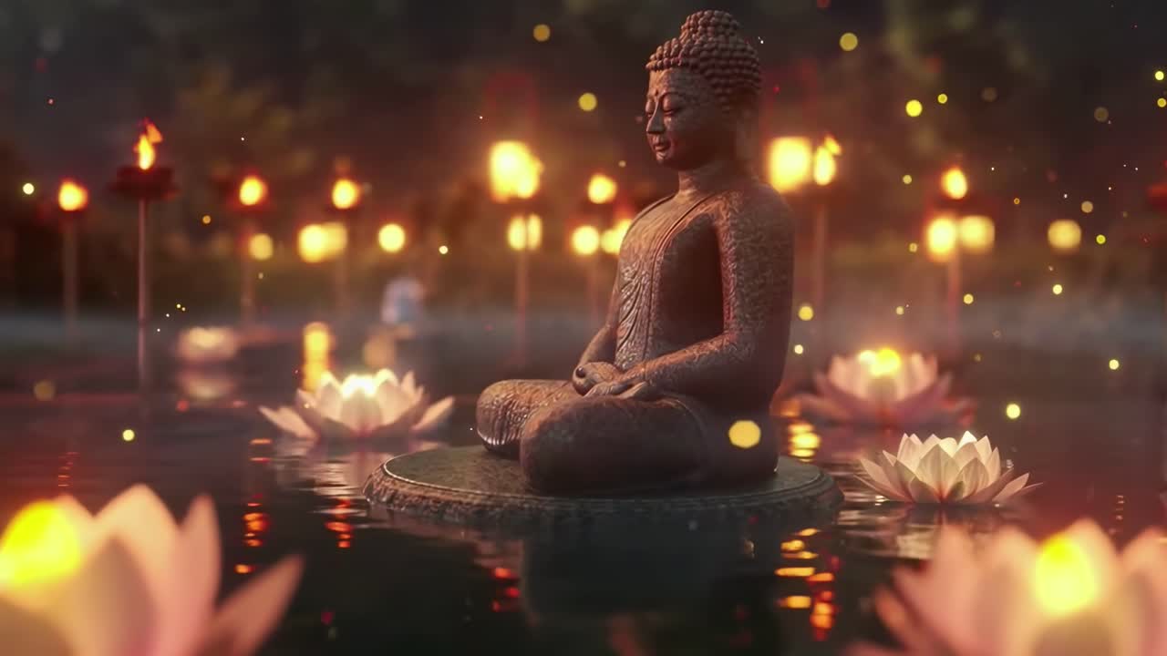 Video sereno di una statua di Buddha circondata da fiori di loto, ripreso all'altezza degli occhi con luce calda.