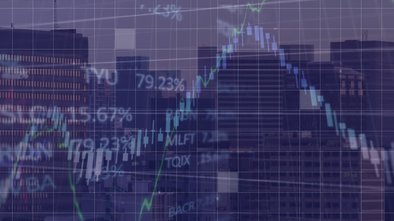 video digital que representa datos financieros del mercado de valores con la ciudad en el fondo
