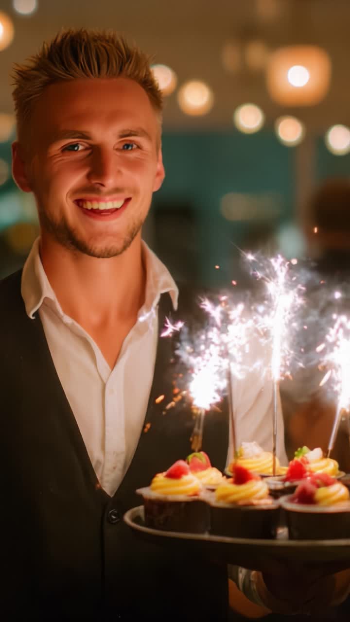 Gülümseyen genç bir adam, özel bir kutlama için neşe dolu ve şenlikli bir atmosfer yaratarak, üzerinde maytaplar olan kutlama cupcake'lerinden oluşan bir tepsiyi gururla sunuyor