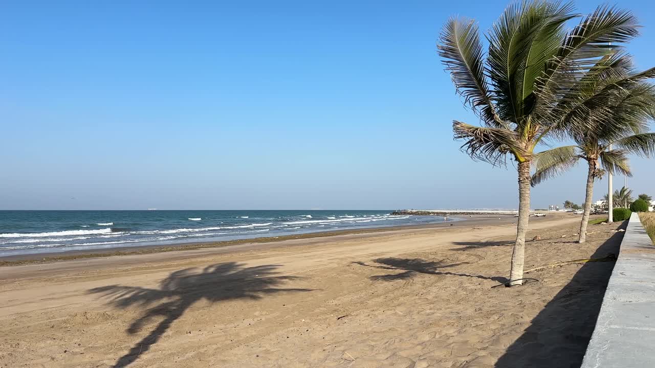 Azaiba Beach Muscat Oman beaches gulf middle east empty palm trees arabian sea ocean waves crashing onto shore