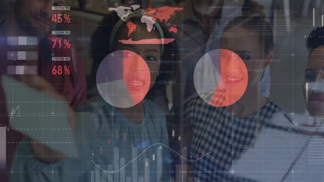 animation of data processing and diagrams over diverse colleagues talking in office