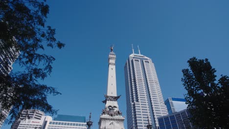 indianapolis soldiers and sailors memorial in monument circle with modern high rise skyscrapers reveal from behind park tree