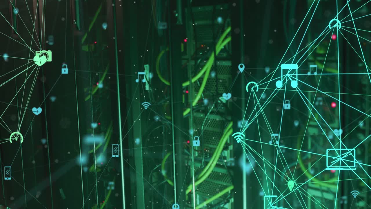 animación de redes de conexiones a través de luces verdes de servidores de computadoras