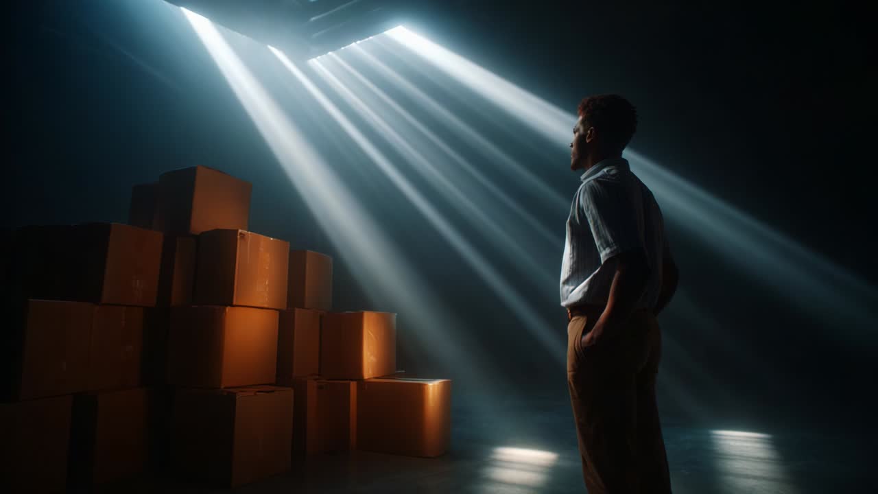 A lone figure stands amidst a stack of boxes, bathed in dramatic rays of light streaming from above, creating a sense of wonder and contemplation about the unknown possibilities within the darkness