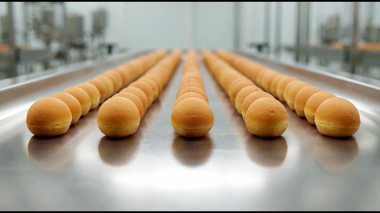 Rows of Freshly Baked Buns Moving Along Industrial Conveyor Belt