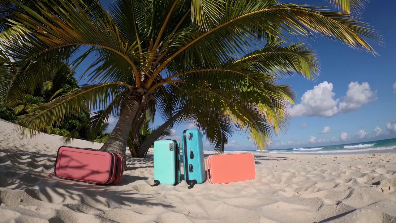 Valigie colorate che riposano sotto una palma su una spiaggia tropicale