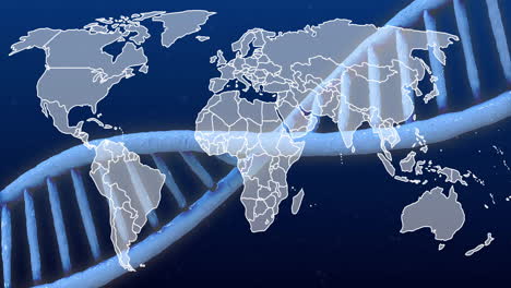 animation of dna strand over world map on blue background