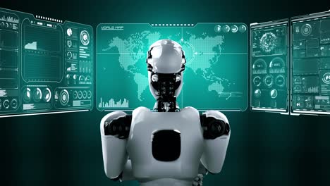 Pensamiento-Ai-Robot-Hominoide-Analizando-La-Pantalla-Del-Holograma-Que-Muestra-El-Concepto-De-Big-Data