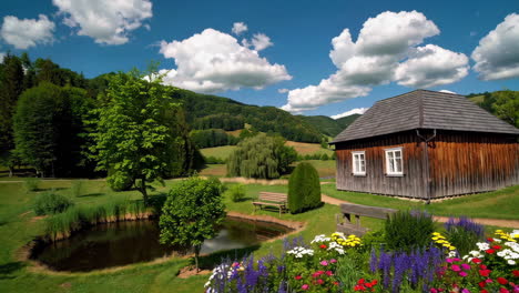scenic countryside village with wooden house and garden
