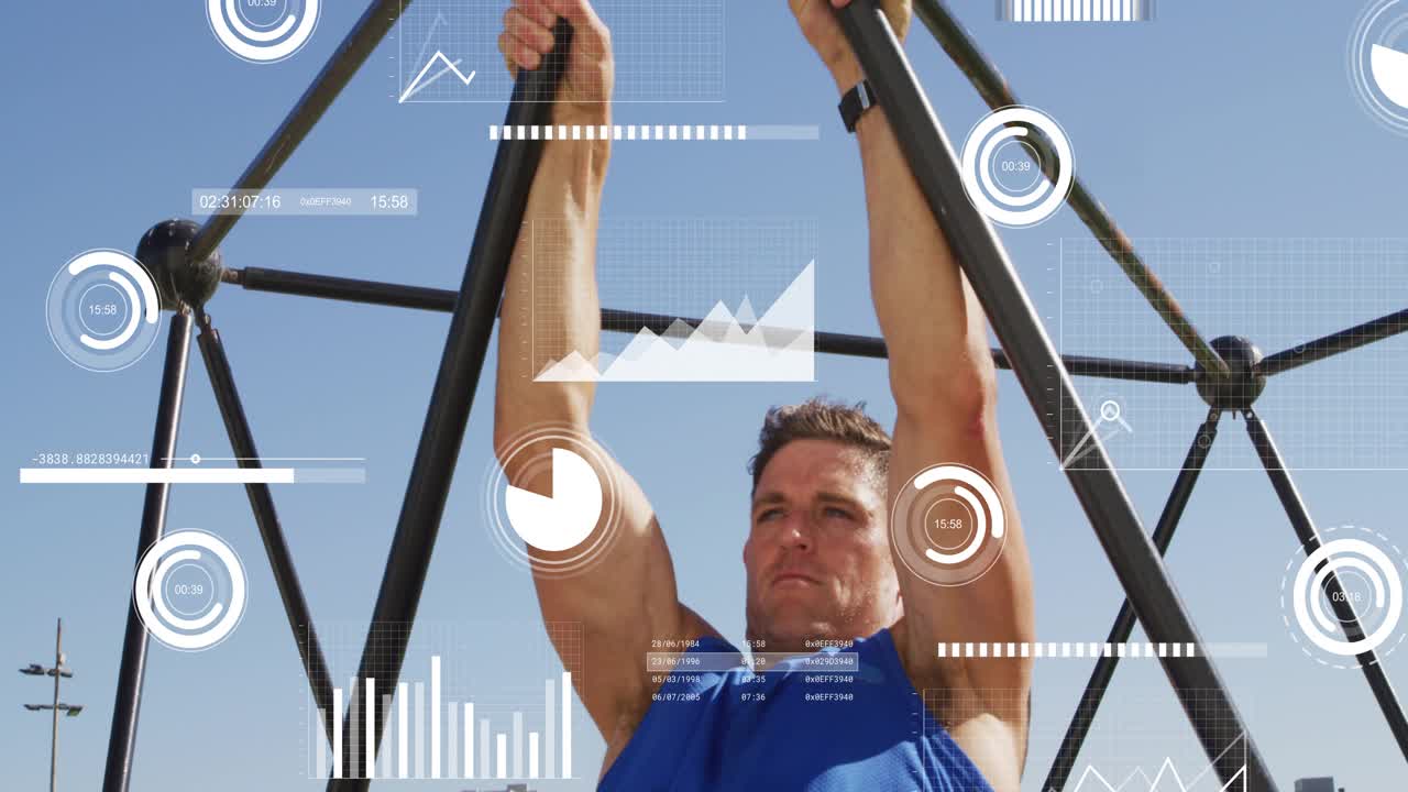 Man gripping angled bars, tightening arms, pulling upward for training, HUD charts tracking fitness