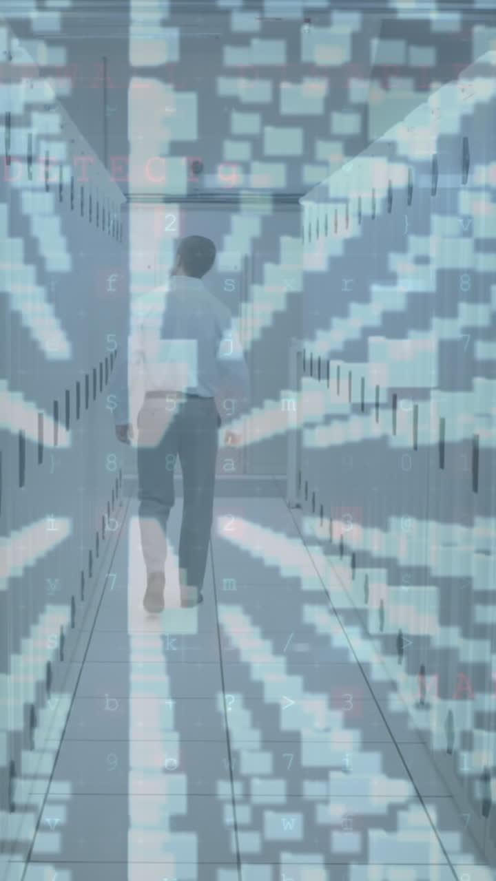 서버 에 있는 백인 남성 위에 사이버 공격 경고와 락의 애니메이션