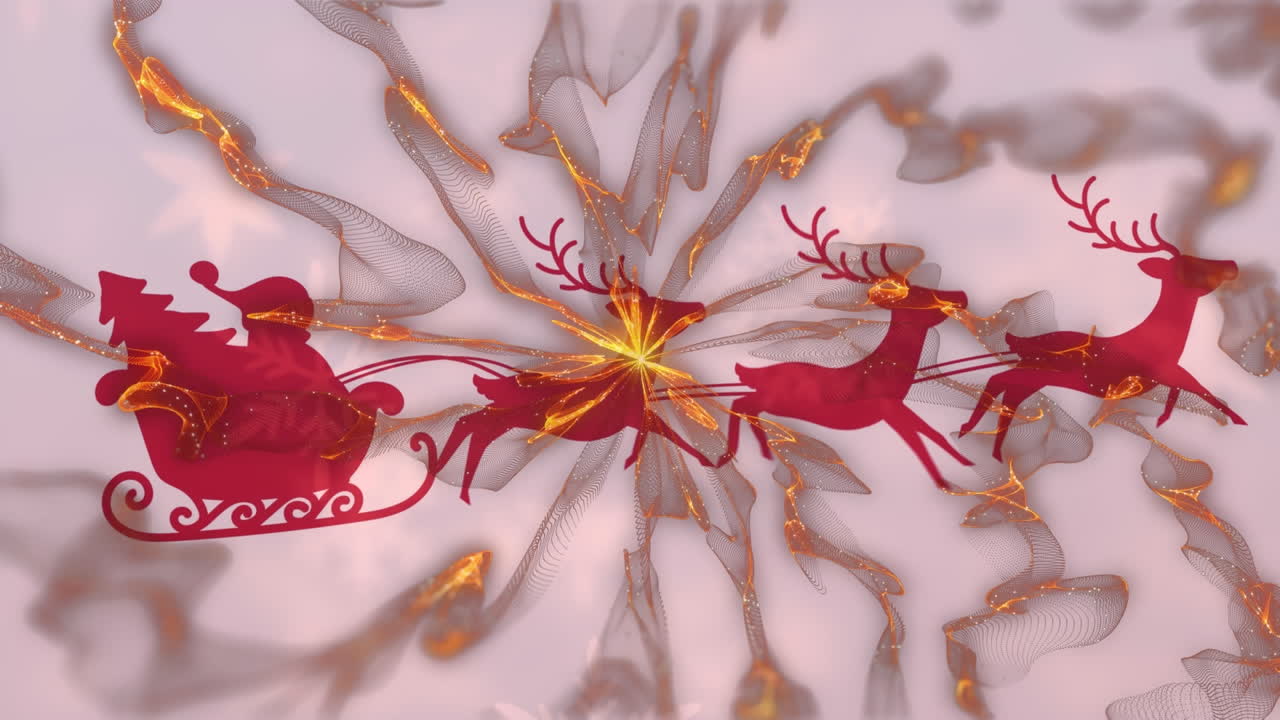 animación de santa claus en trineo con renos moviéndose sobre olas anaranjadas