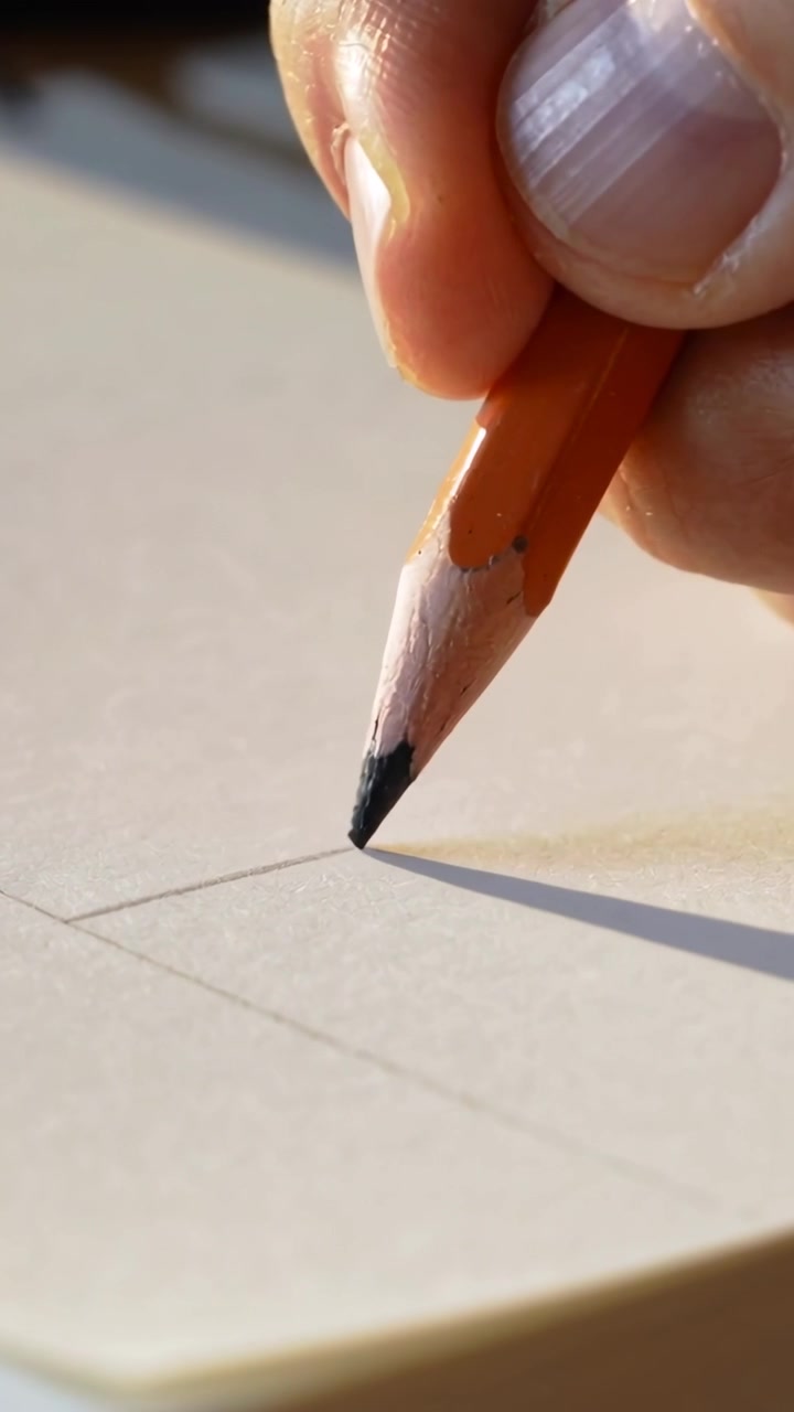 Video verticale: Mano che disegna che tiene una matita gialla, formando un angolo sulla scrivania mentre la punta tocca la carta