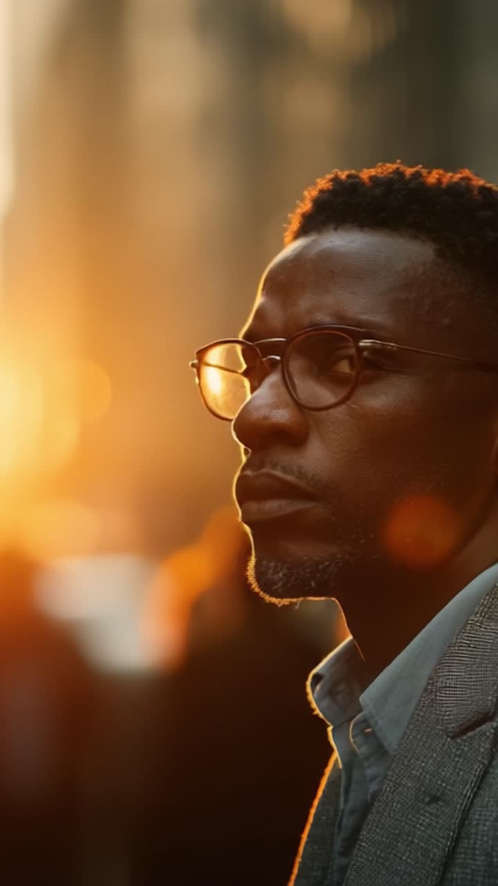 Contemplative Evening: A Profile Portrait Capturing a Man in Glasses Against a Stunning Golden Sunset, Evoking Deep Reflection and Urban Serenity
