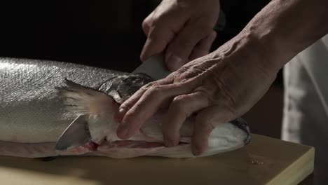 chef preparing fresh salmon in the kitchen