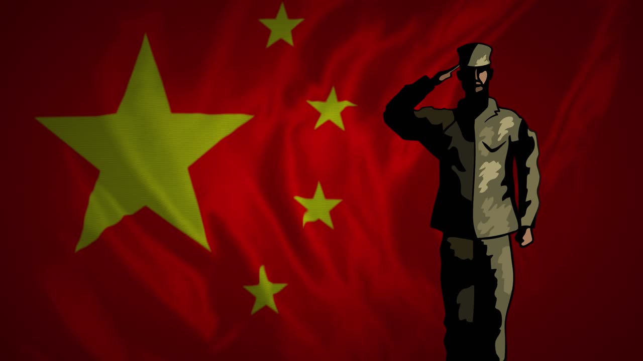 Animação da bandeira da China sobre silhueta de soldados