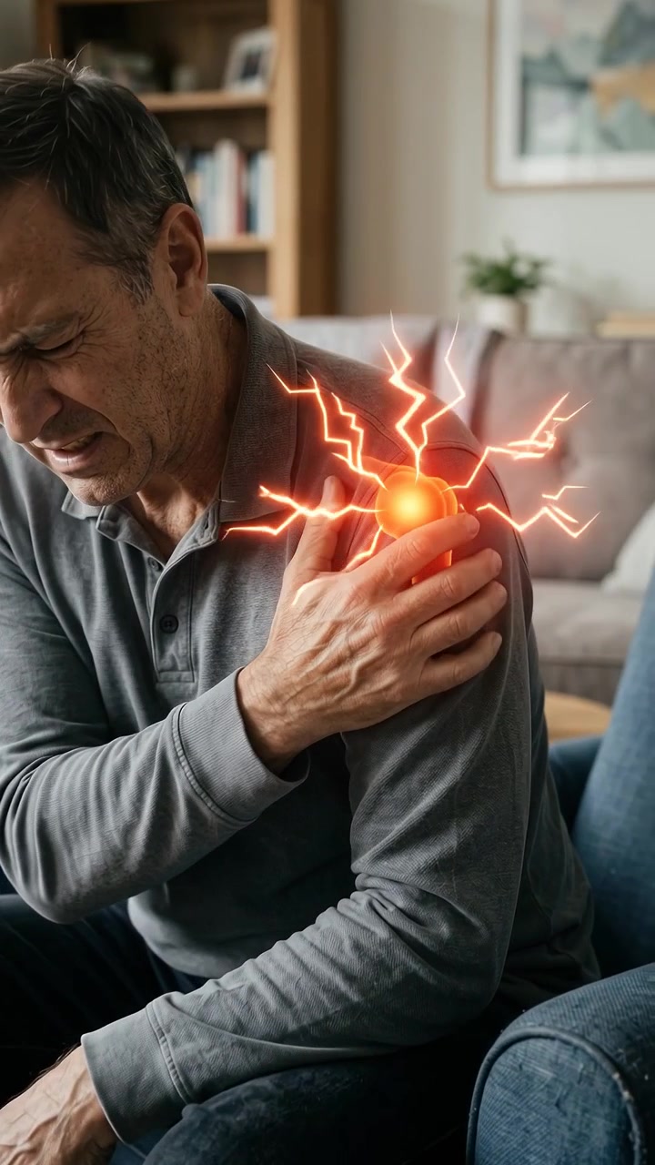 Uomo maturo che prova un forte dolore alla spalla con visualizzazione medica animata.