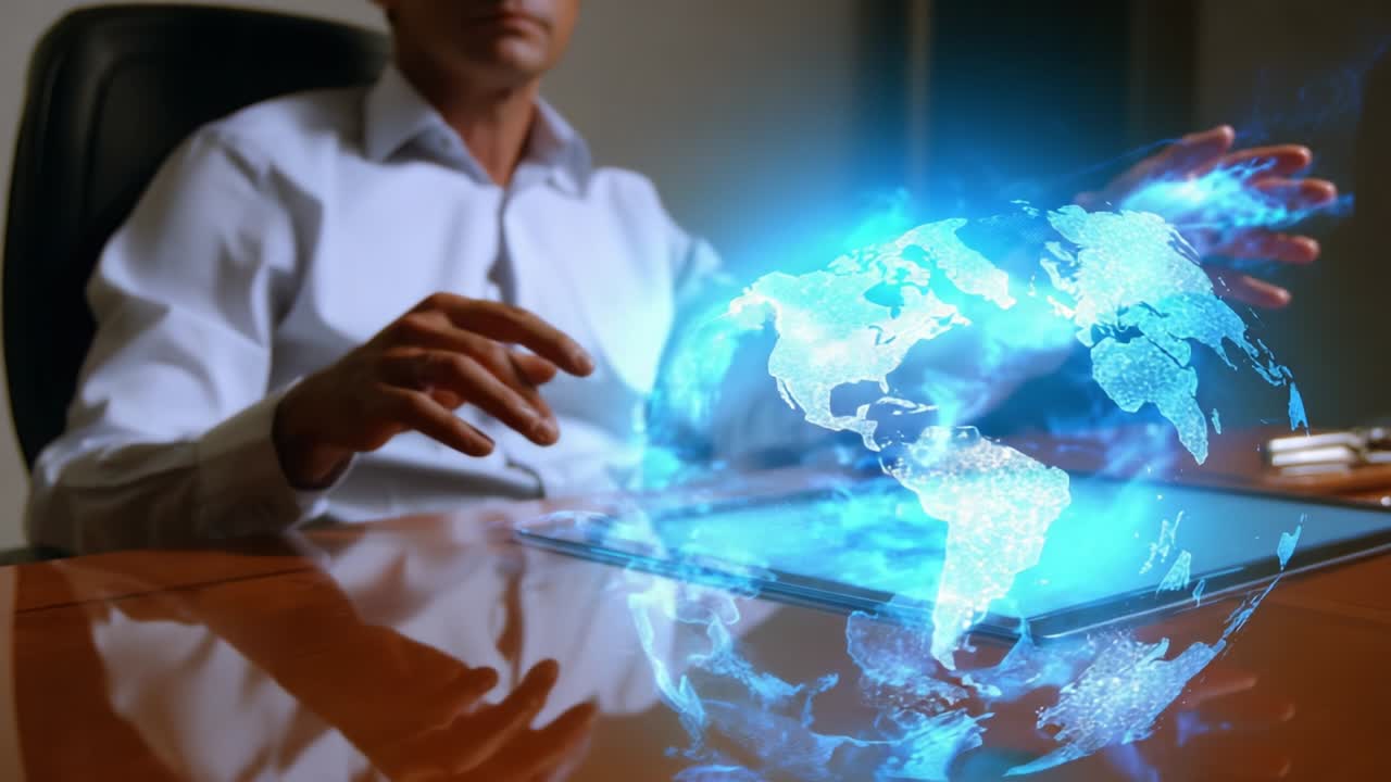 A futuristic portrayal of digital interaction where a man engages with a holographic globe, showcasing advanced technology and virtual connectivity in a modern workspace setting