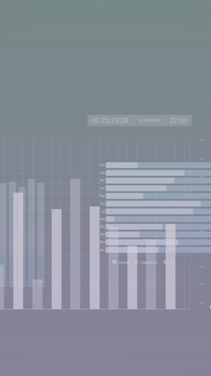 Animazione di più grafici, mappa e numeri variabili su sfondo grigio.