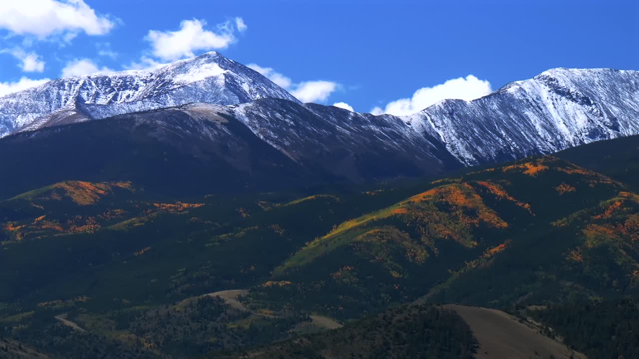 Mt Mount Shavano 14er Tabeguache Peak aerial drone Colorado trail Sawatch Range fall autumn aspen trees San Isabel National Forest snow dusting morning vibrant blue sky clouds pan right