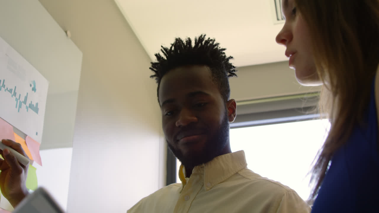 vista de ángulo bajo de un joven equipo de negocios de raza mixta planeando y trabajando en tablero de vidrio en la oficina 4k