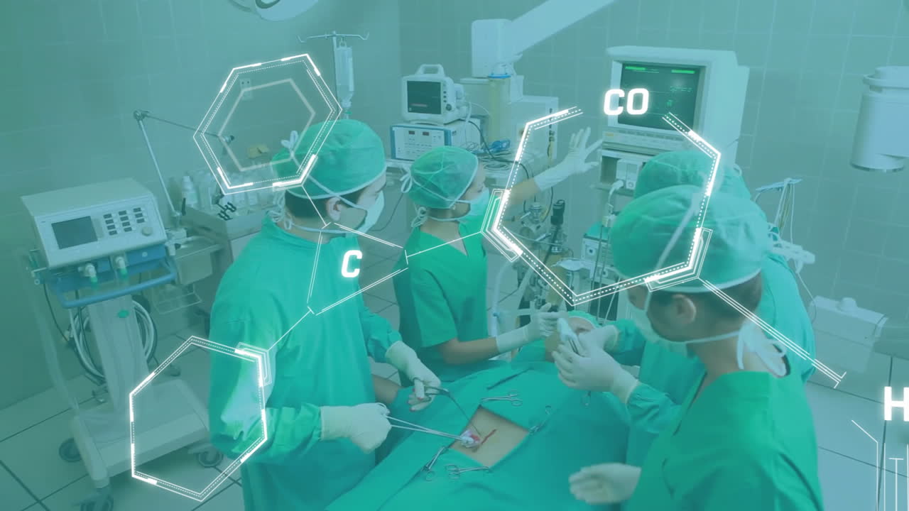 Animation of chemical formula with data processing over diverse surgeons in operating theatre
