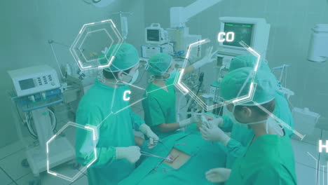 animation of chemical formula with data processing over diverse surgeons in operating theatre