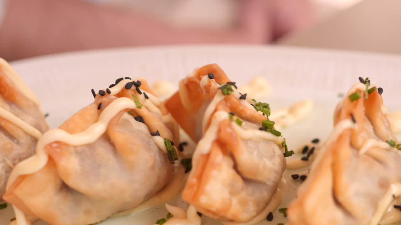 색 접시에 허브와 색 소스로 여있는 집에서 만든 스페인 스타일의 긴 자오지 기오자 (jiaozi gyoza) 의 근접 촬영