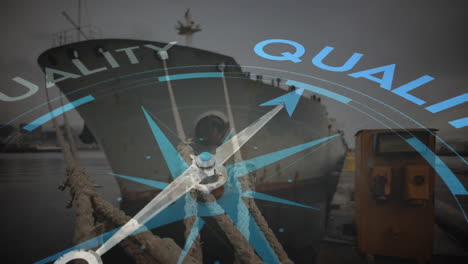 animation of compass spinning and quality text over shipyard