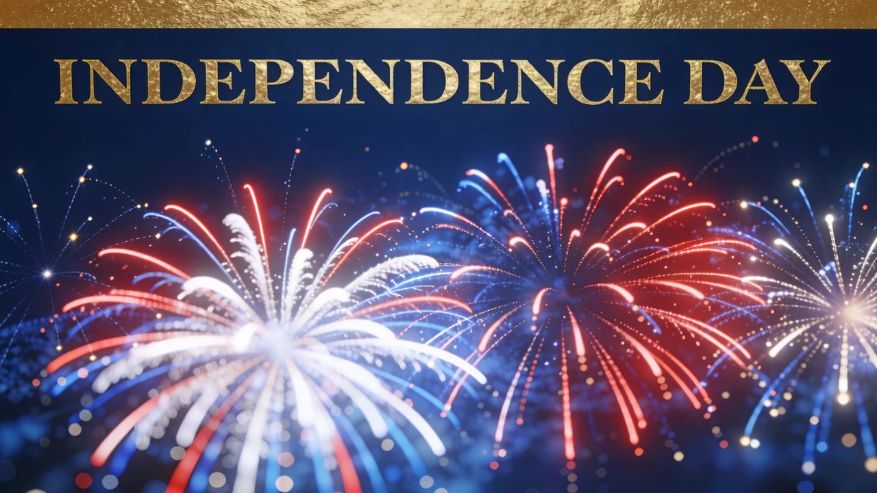 Fuochi d'artificio che lanciano esplosioni tricolori di scintille nel cielo blu notte per il GIORNO DELL'INDIPENDENZA sotto uno striscione dorato.