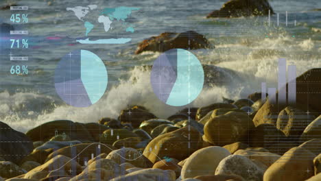 animación de visualización de datos sobre playa rocosa con olas que se estrellan