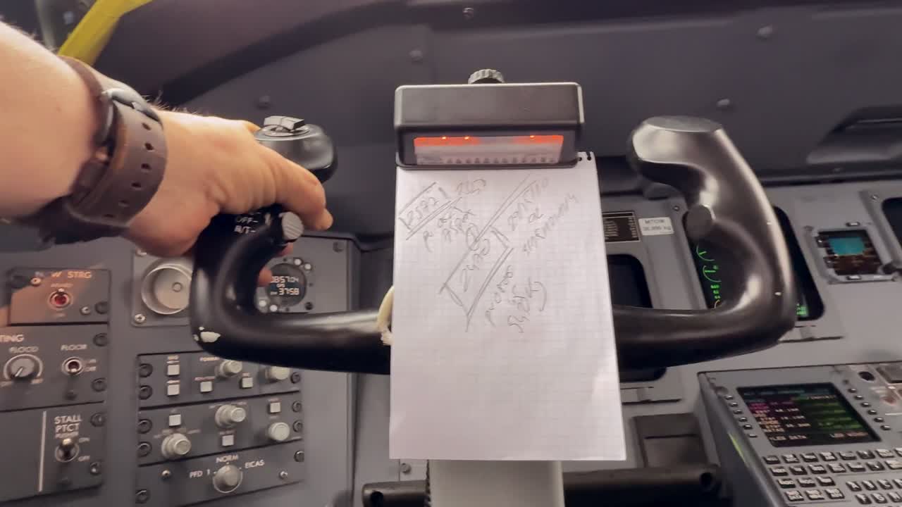Cockpit view flying with turbulence. with a close-up view of a caucasian pilot’s hand grasping firmly the yoke inside a modern jet cockpit
