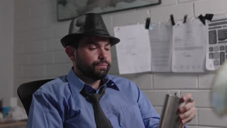 man police detective in hat sitting at station desk upset sad drinking alcohol flask