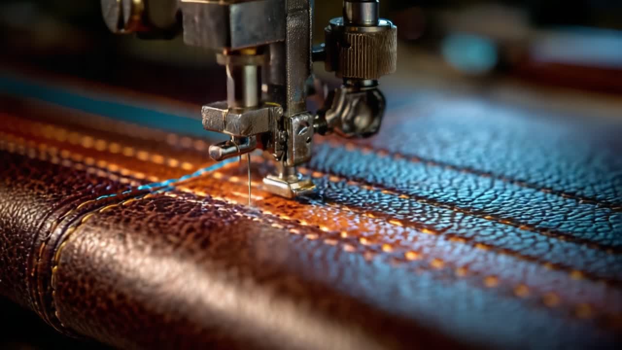 Intricate Leather Crafting: A Detailed View of the Sewing Machine as it Stitches Together Luxurious Leather and Vibrant Threads in the Artisan Workshop