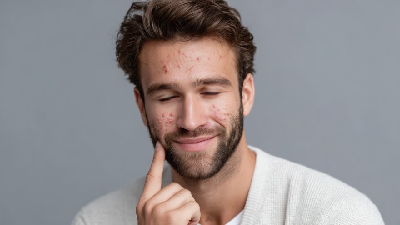 Portrait of a Young Man with Skincare Concerns Displaying Confidence and Positivity in Two Captivating Frames Captured with Soft Lighting and Neutral Background
